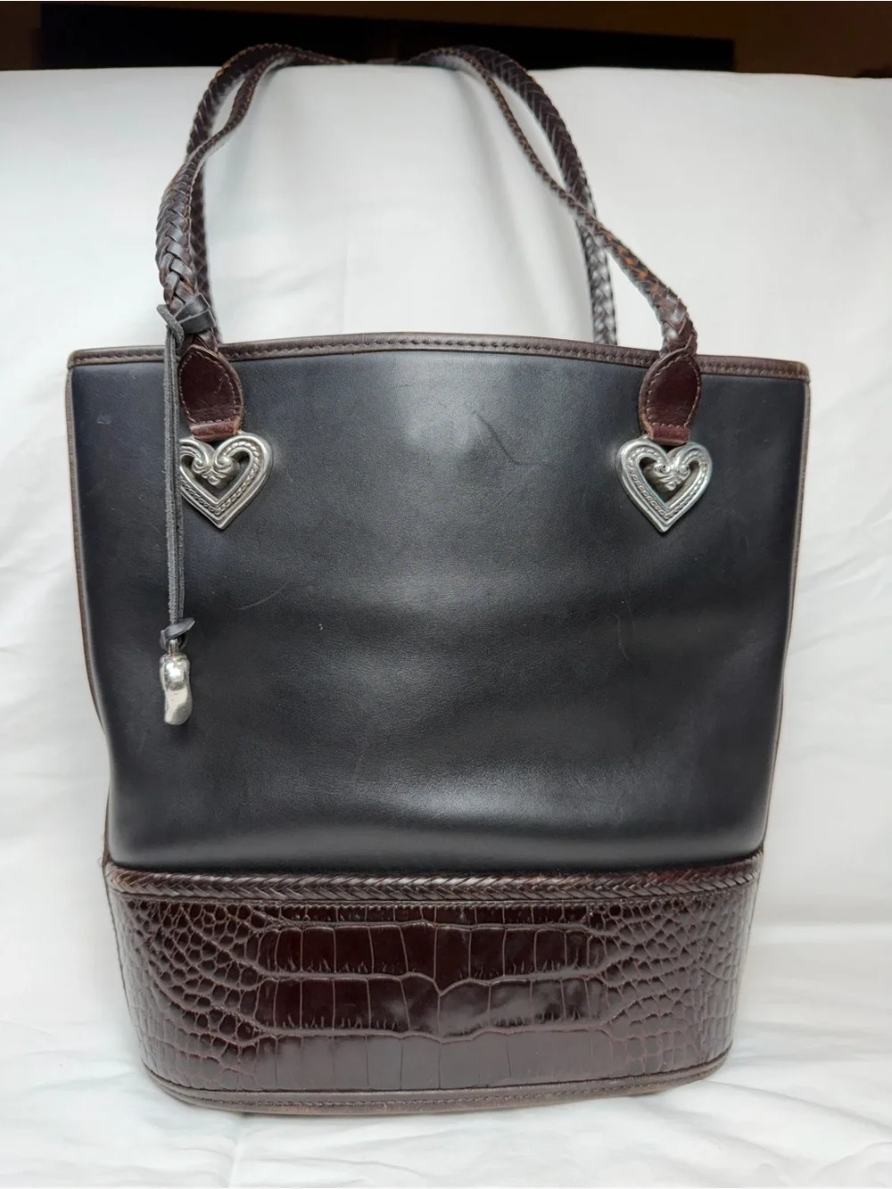 Brighton Black and Brown Leather Tote with Heart Hardware
